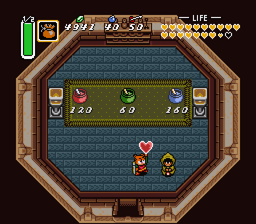 Man, that witch can work miracles with fungi. The very last full heart container of the game is ours (and it's the very last item of the game too).