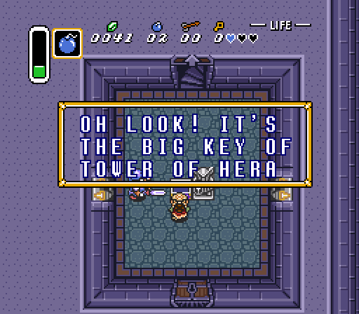Most of the game will be this. You open a chest to find a random dungeon-specific item like the big key or compass, and the game is kind enough to tell you where it belongs. Tower of Hera is at least a Light World dungeon, but I've no idea when I'm going to get there.