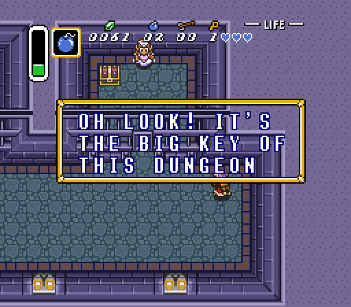 On rare occasion, you'll even get keys and stuff inside the same dungeon to which they belong. The big key you get from the ball and chain guy in Hyrule Castle is a special case: it can't be anything else, otherwise you wouldn't be able to complete the prologue.