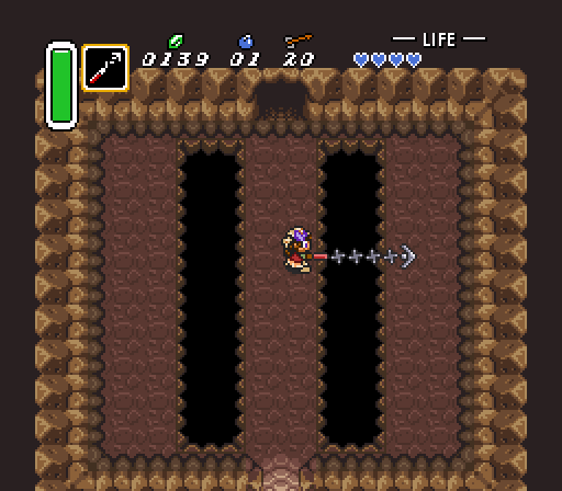 One important place for chests is the mini-moldorm cave to the south of the map: there's five items in here, but you need something to kill the five creepy crawlies in this room, and the bombs weren't cutting it.