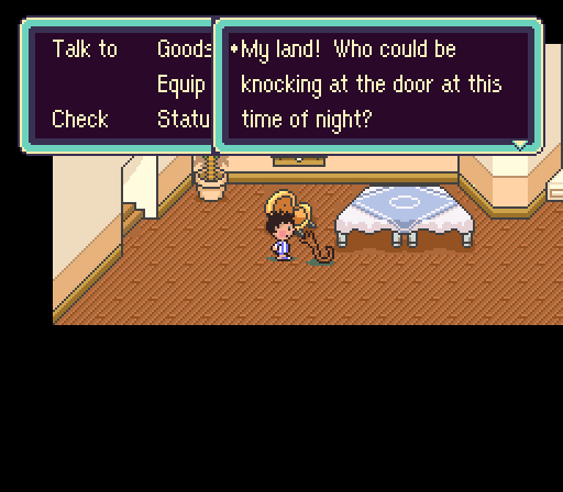 Back home, we're roused from our slumber yet again by someone knocking at the door. It's so loud it's even woken up my mother, the transparent tapeworm. (A weird thing is that the game will keep randomizing sprites for the same character, but only some of them.)