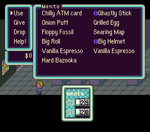 Here we find our first Jeff weapon. Jeff kind of messes up the randomizer item pool a bit - there's a huge number of random objects in the game that are either items only he can use, or items he can use to create other items. The odds of finding a strong Ness weapon like that Ghastly Stick were fairly remote, I suspect. It's mostly food items and Jeff components from here on out.