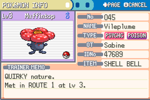 I stopped after grabbing five unique Pokémon. Let me show you my team! First, we have our Psychic/Poison Vileplume, Muffintop. 
