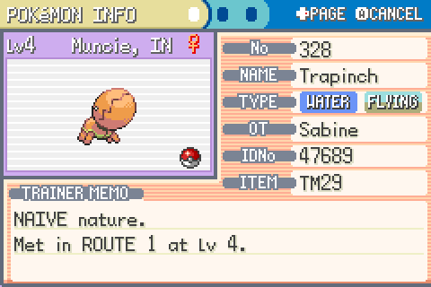 Finally, lil' Muncie is a Water/Flying type, which is quite the combo for something that lives in a hole in the desert. Her bite attack is my secret weapon.