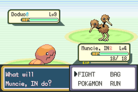 Neither of Rando's Pokémon are the Luvdisc we saw earlier, nor the Mightyena he picked up. I must've set it so his Pokémon are random each time. Anyway, neither of them lasted long.