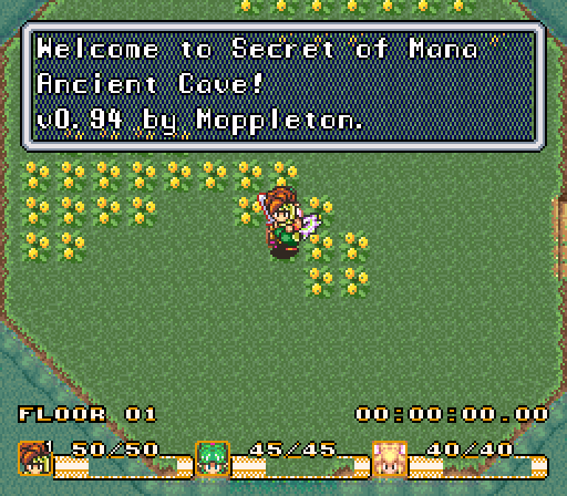 Nice for the mod to welcome me. This was followed by a Twitch link for the creator's channel, and boy let me tell you how weird it was to see one of those in Secret of Mana's window and font.