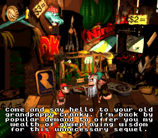 Cranky is - as always - the game's best source of hints, old man sass, and fourth-wall breaking humor.