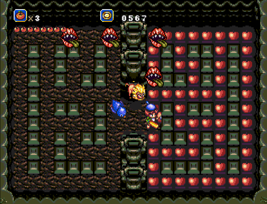 This late-game boss, one of a group representing the five traditional senses, can't be fought directly. Instead you have to complete this Pac-Man maze of apples (which, for the first time, won't restore your health) before it goes down.