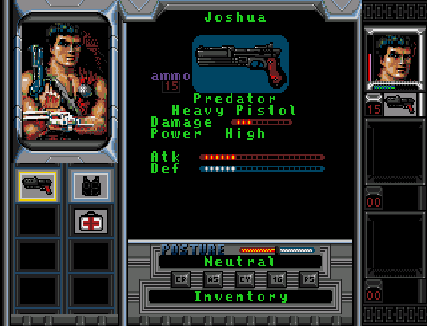 The game has a posture system that allows you to prioritize attack or defense, and also determines AI behavior too. That set of two-letter buttons at the bottom take you to the other menus; I guess there wasn't enough space for ideographs. Also, no, you can't not be Joshua. Who even wants to be a badass cyberswordsman called Joshua?
