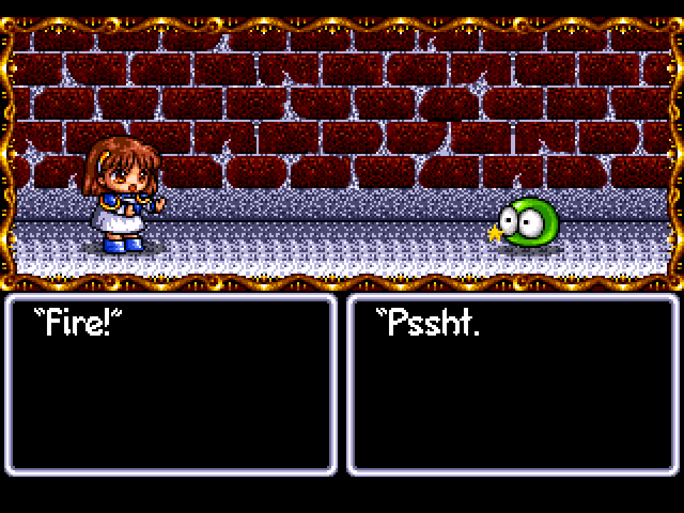 Fireballing a Green Puyo, the weakest of the Puyo. If you leave the Puyo alive too long, new ones show up and they start stacking. Must be an instinctual thing.