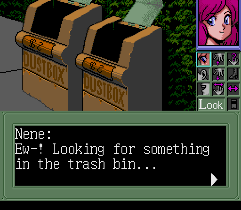 Now on an investigation at Groly Bank, Nene takes one look at the trash bins here and refuses to go near them again. She's a pro, everyone.