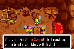Link holding the newly fixed Picori Blade (from this point on it is known as the White Blade)