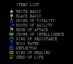 Dungeon Explorer's item list.