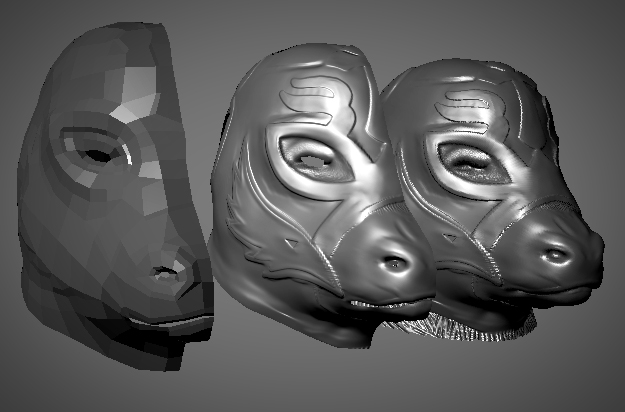 Left: Low Poly, Right: High POly, Middle: Normal Mapped version