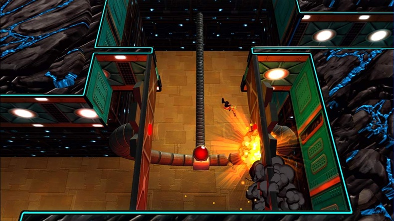  Your standard Splosion Man level. Here, an obstacle that puts pressure on the player to perform a successful string of wall-splodes before being squished.
