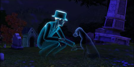 Whats weirder, ghost dog or the fact that the tombstone behind them is floating and tilted?