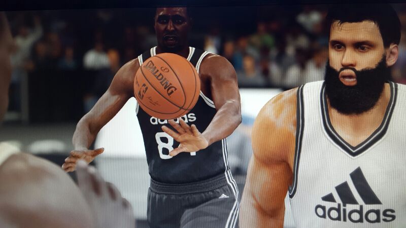 That's fairly close to my real face, of course I don't have Harden's beard, and yes my mouth is constantly just open like that. This is mere seconds before that pass hit my player in the back of the head, and bounced back to number 84 there.