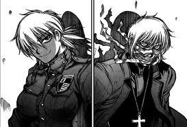  Seras is Alucard's  fledgling on the left and Heinkel is Anderson's  successor on the right