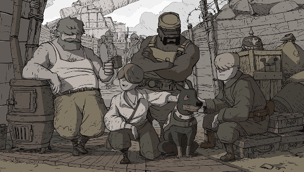 The cast of main characters in Valiant Hearts: Emile, Anna, Freddie, Walt, and Karl (from left to right).