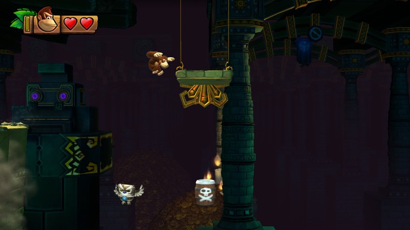 Using a roll jump I circumvent an owl and a cannon jumping right to the platform in the center from the platform on the left. This is a hard one.