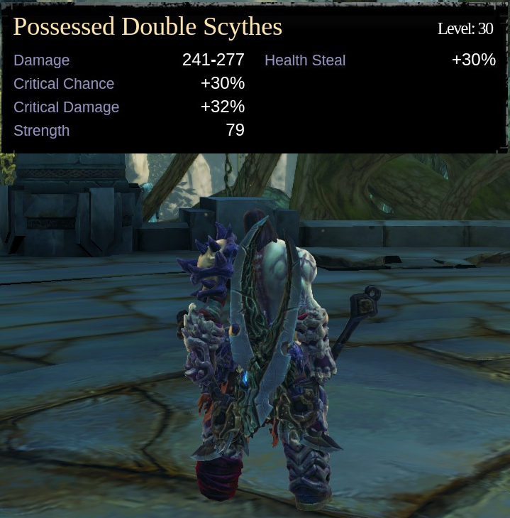 The scythes are the primary weapon that are used for at least 90% of my attacks, hense on them is stacked crit and health steal. The strength is there to give overall dmg boost which is much bigger then any elemental enchant. Health steal heals several thousand HP per swing. Also i like the sleek look of this scythe model rather then more gaudy pieces (took a while to get it from Vulgrim rng boxes)