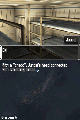 The narrator is apparently dubious about the severity of Junpei's head injury.