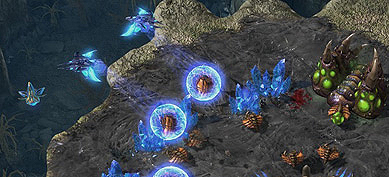 A pair of Phoenix harassing a Zerg worker line