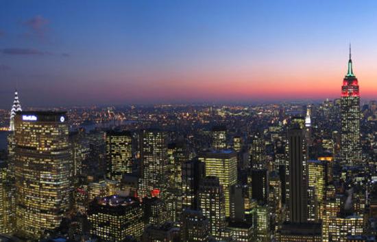 The Big Apple at twilight with the bright lights.