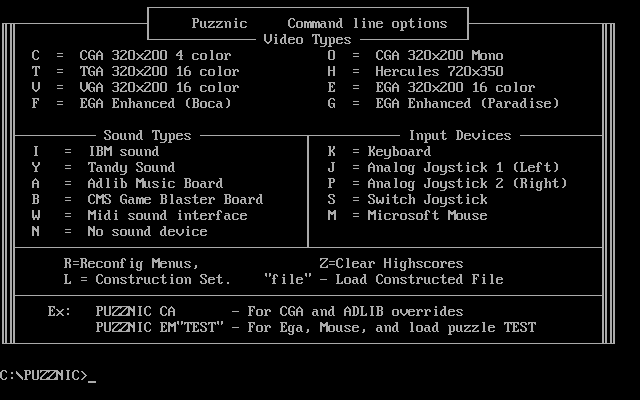 Puzznic PC/MS-DOS options.