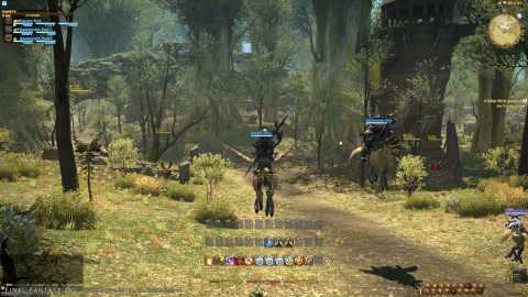 Two players jumping while riding chocobo mounts.