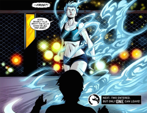 A teenage Cassie Cage finds herself in a cage fight against Frost.