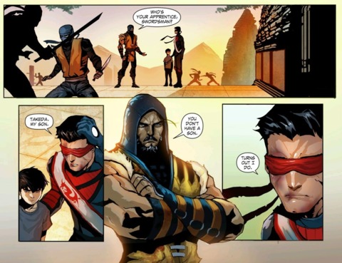 Kenshi leaving his son in the care of...Scorpion?