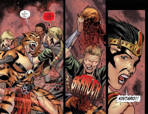Sonya (possessed by The Blood Code) decapitates Kintaro much to the dismay of Queen Sheeva.