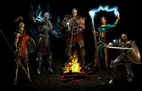 From left to right: The Amazon, the Necromancer, the Barbarian, the Sorceress and the Paladin