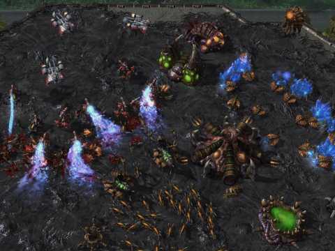 A few Battle Hellions lay waste to a Zerg base full of lings.