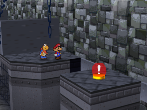 Mario and Kooper in the basement of the Koopa Brothers' Fortress.
