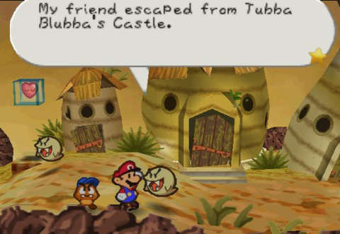 Mario and Goombario talking to a resident Boo in Gusty Gulch.