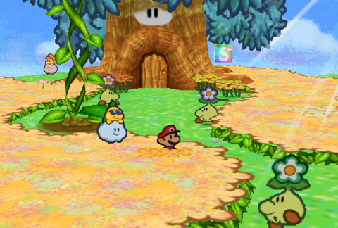 Mario and Lakilester in front of the Wise Wisterwood tree in Flower Fields.