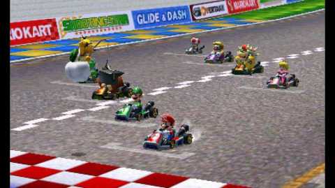 The eight karts at the starting line in Mario Kart 7.
