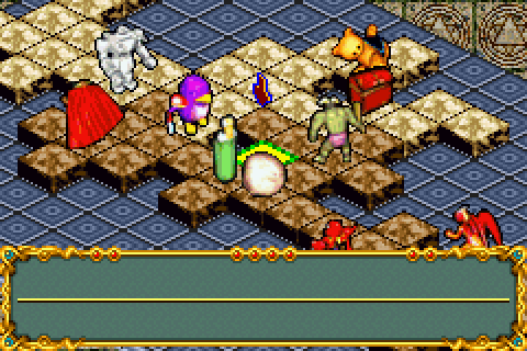 Two players monsters and play fields. The shapes of the floor is determined by each player and can be used strategically to box in or protect certain monsters.