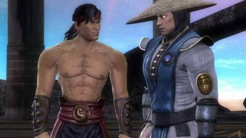 Raiden and Liu Kang stop to chat about hats and lightning and stuff.