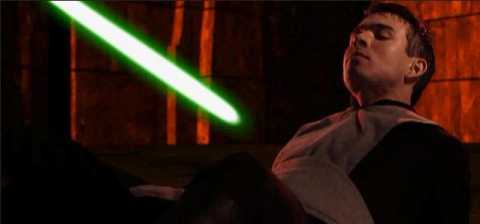 Yun, defeated and at the mercy of Kyle Katarn.