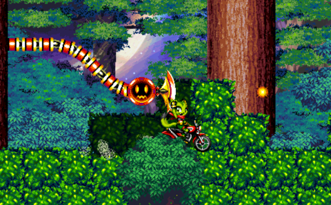 YEAH! My bike is stuck on this bush and I'm touching a robot's blade! I'm totally not going to die, right?