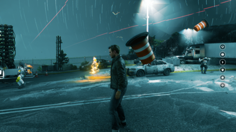 There are areas where time is frozen. The enemies in the background can move through frozen time until you destroy their backpacks or kill them, at which point they freeze, suspended in time. It's a really cool effect and creates unique and interesting battlefields when a fight is done. Quantum Break leans in to the spectacle of its premise.