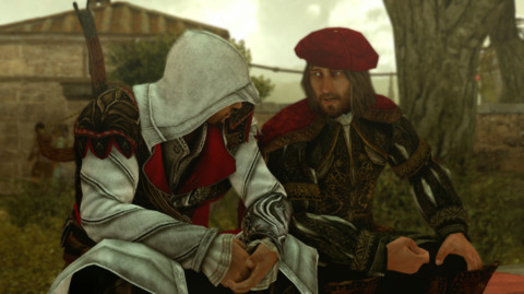Leo and Ezio share one of their few moments in the game. The friendship between the two of them barely factors into ACB, and Leo is depressed and harried rather than fun and cheerful. 