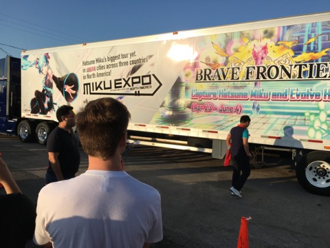 The Miku Expo trailer at the end of the line, that has wrapped around the entire city block.