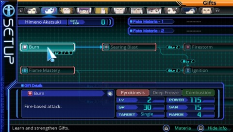 The materia, or gift, system makes use of points you earn by leveling your character up and completing certain missions to obtain new skills.