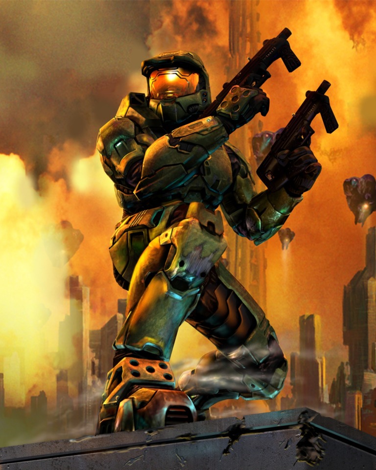 The Master Chief duel-wielding a pair of SMGs in Halo 2.