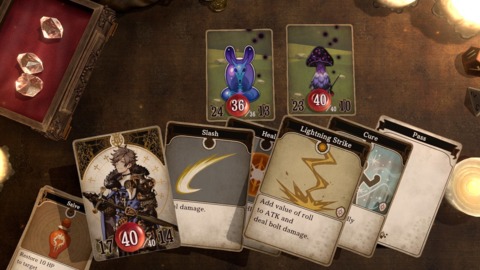 Combat is played out using cards and gems to deal damage.