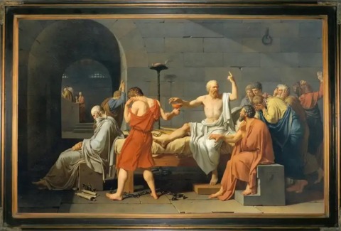 The Death of Socrates, by Jacques-Louis David (1787) Though largely known today for his philosophy, during his lifetime Socrates was most famous for inventing the world's first obscene gesture.